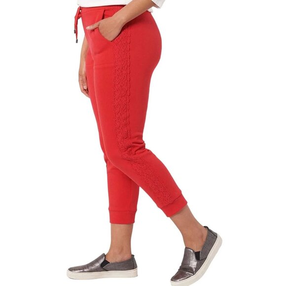 Susan Graver Weekend Pet Washed French Terry Cropped Jogger L Bright Coral NEW - Picture 1 of 7